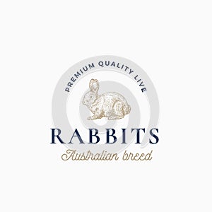 Live Rabbits Australian Breed. Abstract Vector Sign, Symbol or Logo Template. Hand Drawn Engraving Style Rabbit