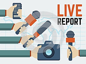 Live report, live news concept, hands of journalists with microphones, tape recorder and camera