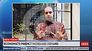 Live Report TV News Expert Interview. Professional Guest Talking, Reporting Business, Analyzing