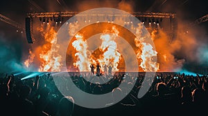 Live rock concert show with fire pyrotechnics, view from crowd