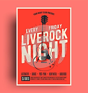 Live Rock Night Poster. Live music promotion flyer design template with black guitar silhouette on red background, poster for you