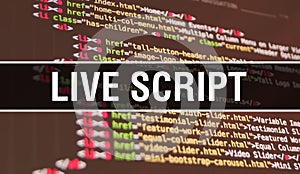 Live script concept illustration using code for developing programs and app. Live script website code with colourful tags in