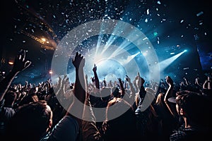 Live shows, rock concert, parties, festivals, nightclub Cheering crowd, stage lights and confetti. Cheering.by