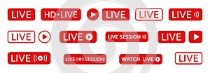 Live stickers set on white background. Social media template. Live stream, video, news symbol. Broadcasting, online
