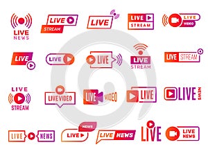 Live stream badges. Video broadcasting shows digital online text templates live news vector stickers collection