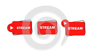 Live stream flat logo banner. Red vector design element with play button. Live webinar button, icon, emblem