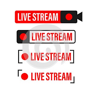 Live stream flat logo - red vector design element with play button. Vector illustration