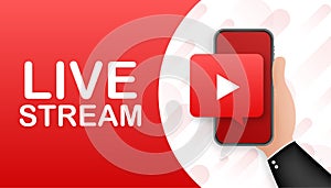 Live stream flat logo - red vector design element with play button. Vector illustration