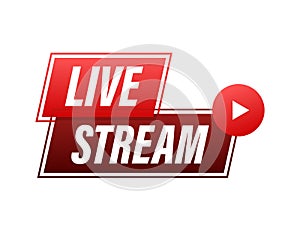 Live stream flat logo - red vector design element with play button. Vector illustration