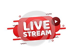 Live stream flat logo - red vector design element with play button. Vector illustration