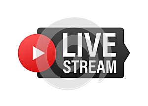 Live stream flat logo - red vector design element with play button. Vector illustration