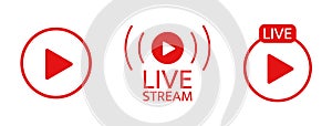 Live stream icon set. Broadcats online video. Tv show sign. Social media live chart. News frame. usic player template photo