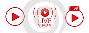 Live stream icon set. Broadcats online video. Tv show sign. Social media live chart. News frame. usic player template
