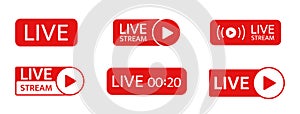 Live stream icon set. Social media live chat. Online webinar button. Broadcast online video. Tv show sign. News frame