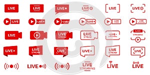 Live Stream Line Icon. Online Broadcast Buttons Pictogram. Red Symbol of Livestream. Live Stream Sign Set. Online News photo