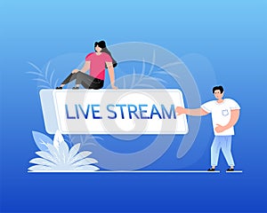 Live stream logo - flat vector design element with play button for news and TV or online broadcasting. Flat people.