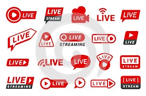 Live stream red icons, bars different design set. Tv internet, online streaming banners of lower third.