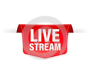 Live stream red ribbon in flat style on white background. Play video. Web media. Vector illustration.