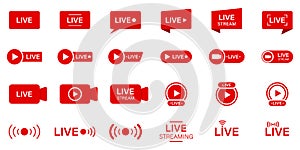 Live Stream Sign Set. Online News, Show, Channel Television. Live Stream Line Icon. Online Broadcast Buttons Pictogram
