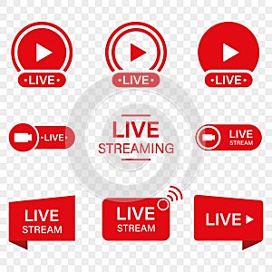 Live Stream Sign Set on Transparent Background. Red Symbol of Online News, Show, Channel Television. Online Broadcast