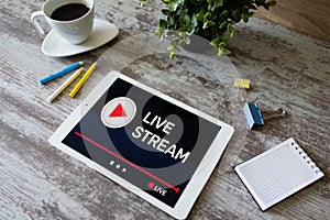 Live stream transmit or receive video and audio coverage over the Internet. Digital marketing and advertising concept. photo
