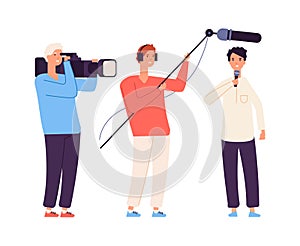 Live streamer. News, broadcaster journalist. TV show or interview shooting. Camera crew and man with microphone vector