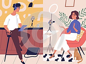 Live streaming, broadcast flat vector illustration. Male and female social media network bloggers collaboration