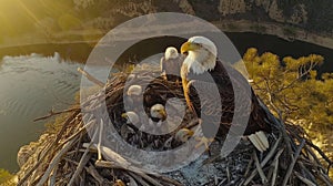 A live-streaming camera mounted on a sturdy tree branch, capturing a family of majestic bald eagles in their nest, with