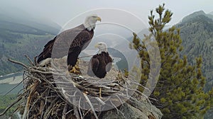 A live-streaming camera mounted on a sturdy tree branch, capturing a family of majestic bald eagles in their nest, with