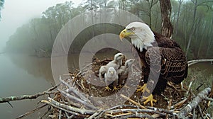 A live-streaming camera mounted on a sturdy tree branch, capturing a family of majestic bald eagles in their nest, with