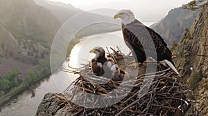 A live-streaming camera mounted on a sturdy tree branch, capturing a family of majestic bald eagles in their nest, with