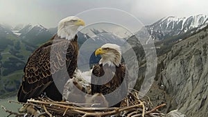 A live-streaming camera mounted on a sturdy tree branch, capturing a family of majestic bald eagles in their nest, with