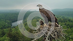 A live-streaming camera mounted on a sturdy tree branch, capturing a family of majestic bald eagles in their nest, with