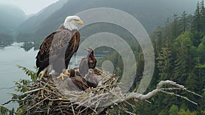 A live-streaming camera mounted on a sturdy tree branch, capturing a family of majestic bald eagles in their nest, with