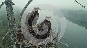 A live-streaming camera mounted on a sturdy tree branch, capturing a family of majestic bald eagles in their nest, with