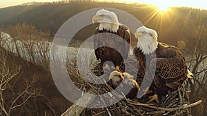 A live-streaming camera mounted on a sturdy tree branch, capturing a family of majestic bald eagles in their nest, with