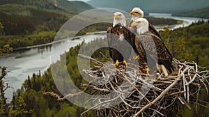 A live-streaming camera mounted on a sturdy tree branch, capturing a family of majestic bald eagles in their nest, with