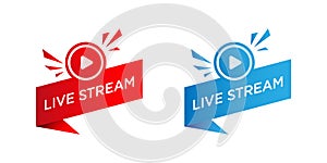 Live streaming flat logo, Blue and red vector design element with play button. Vector stock illustration