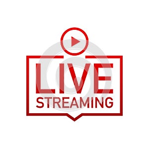 Live streaming flat logo - red vector design element with play button.