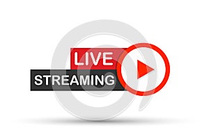 Live streaming flat logo - red vector design element with play button. Vector illustration