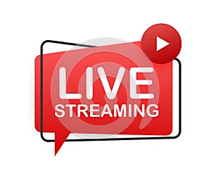 Live streaming flat logo, red vector design element with play button. Vector illustration