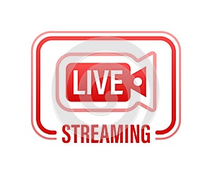 Live streaming flat logo - red vector design element with play button. Vector illustration