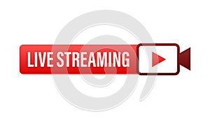 Live streaming flat logo - red vector design element with play button. Vector illustration