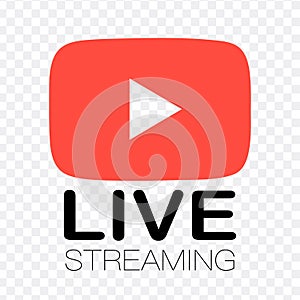 Live streaming flat logo - red vector design element with play button. Vector stock illustration