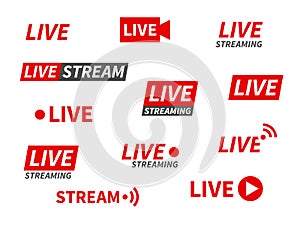 Live streaming icons. Broadcasting video news, tv stream screen banners. Online channel, live event stickers isolated