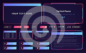 Live streaming interface. UI frames for video conference. Buttons and list of sponsors. Technical pause screen. Multimedia player