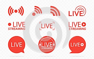 Live streaming logo - red vector design element with play button for news and TV or online