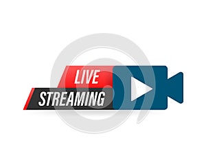 Live streaming logo - red vector design element with play button for news and TV or online broadcasting.