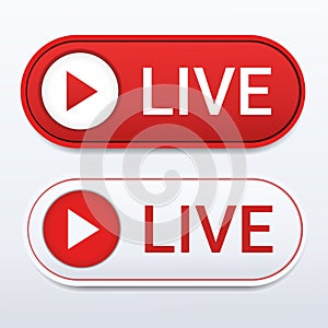 Live streaming symbol. Red live play button design for news, radion, tv, social media or online broadcasting.