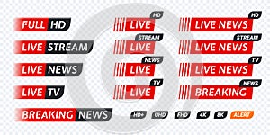 Live stream TV news tag icon. Video symbol live broadcasting